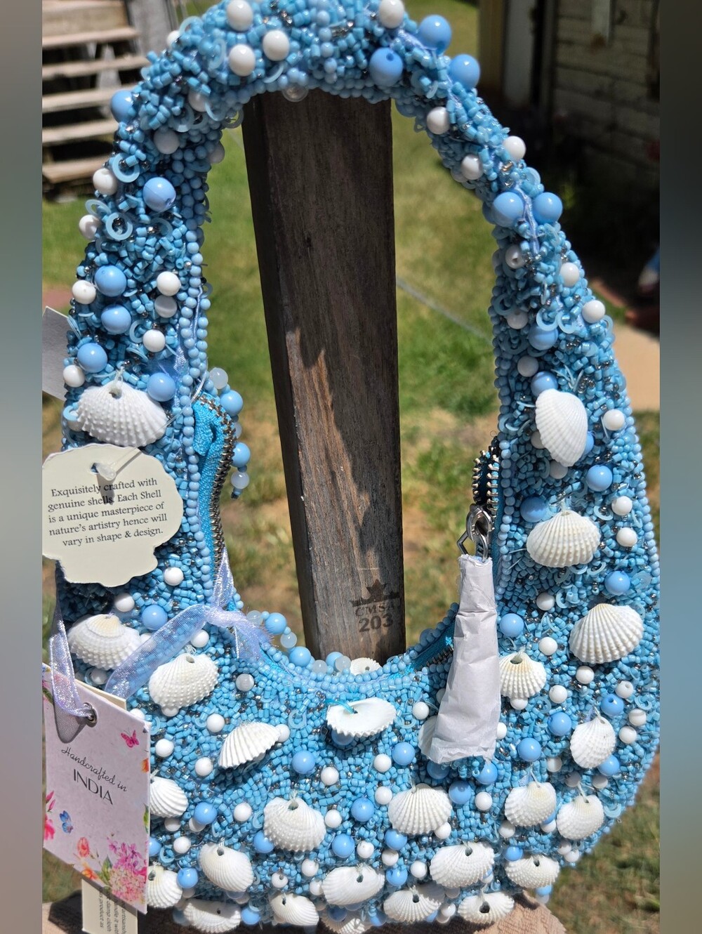 Handcrafted Blue Beaded Shell Shoulder Bag